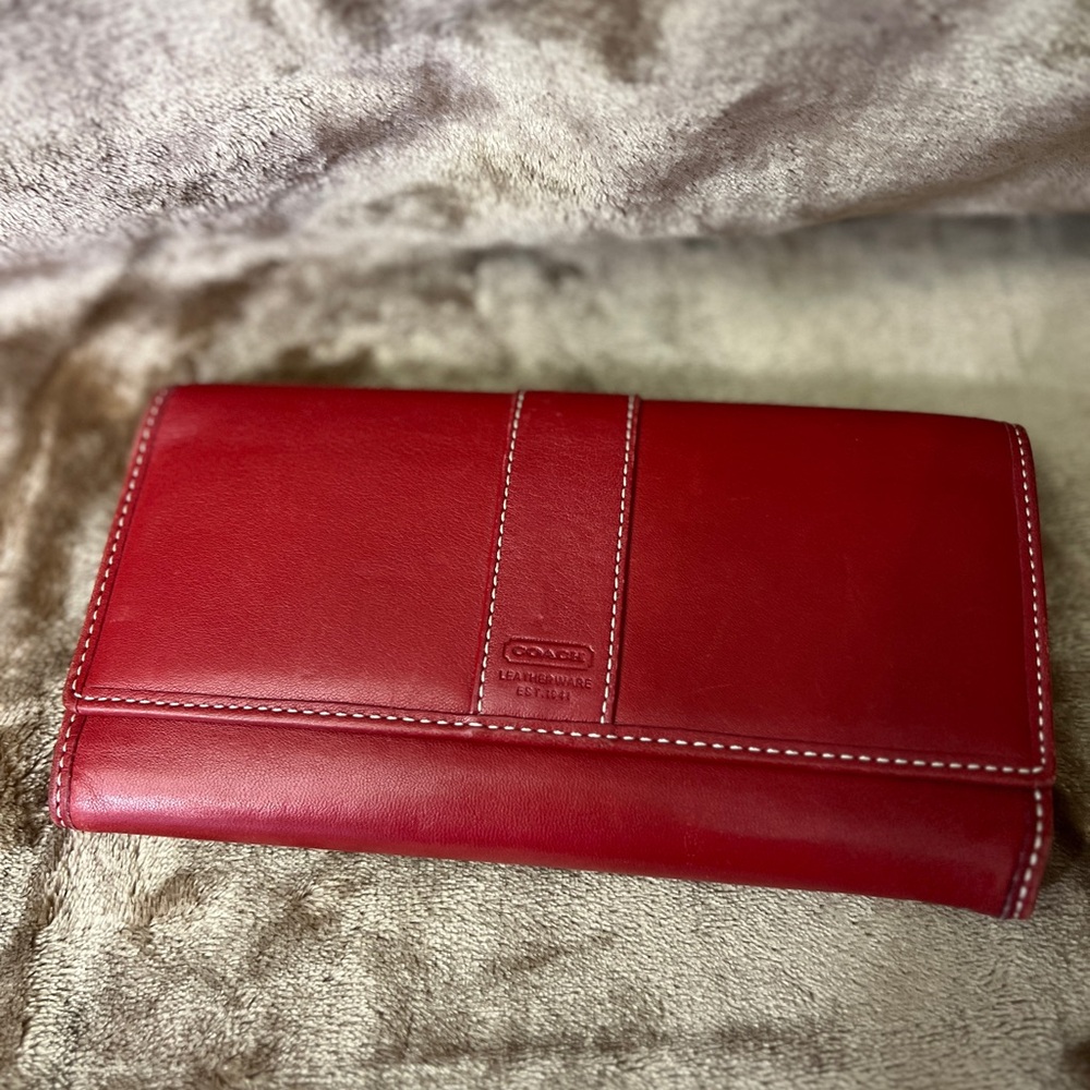 Coach Red Leather Wallets with Contrast Stitching and Structured Design